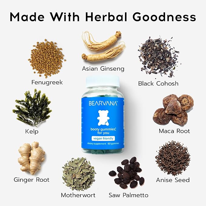BEARVANA Peach Support Gummies for Women | Fitness Supplement | Boost Confidence | 9 Herbal Extracts Including Maca Root, Fenugreek and Ginger Root | Essential Vitamins | Berry Flavor | 60 Gummies