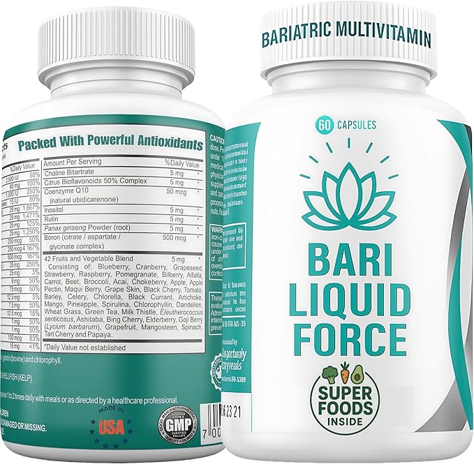 Bari Liquid Force One a Day Bariatric Multivitamin with Iron – Rapid Absorption Gel Caps for Gastric Sleeve, Bypass, Duodenal Switch – Superfood Blend - Bariatric Must Haves for Women & Men