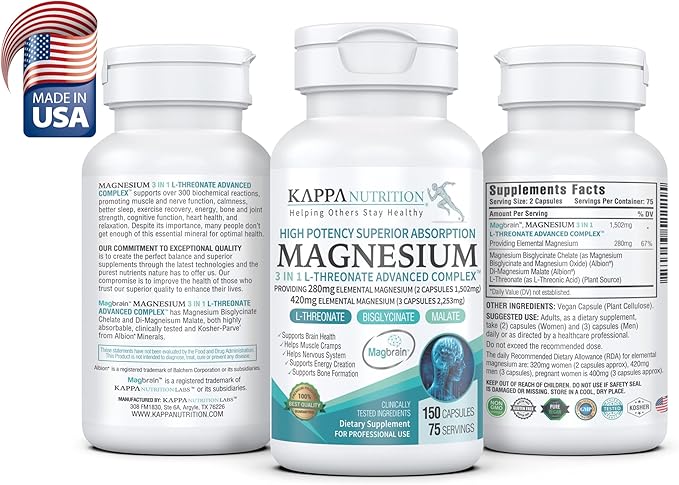 Kappa Nutrition Magbrain™ Magnesium L-Threonate Plant-Based, 420mg Elemental Magnesium (3 Capsules) from 2,253mg, 150 Vegan Capsules, Brain, Sleep & Muscle Support.