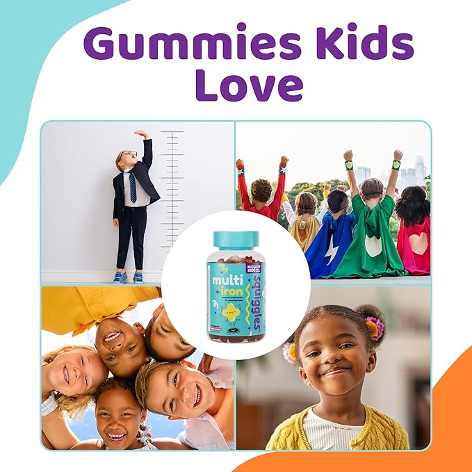 Squiggles Kids Multivitamin + Iron Gummies - Low Sugar Gummy Vitamins with Iron Supplements for Kids - Broad Spectrum of Vitamins and Minerals, Chewy, Yummy Berry Flavor (100 Count)