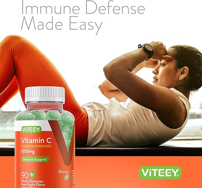 Viteey Vitamin C Gummies for Adults & Teens, 1050mg Maximum Strength - Immune Support Gummies - Immune Booster - Vegan, Gelatin Free-Tasty Vitamin C Chewable Sour Apple Flavored Gummy-90 Count