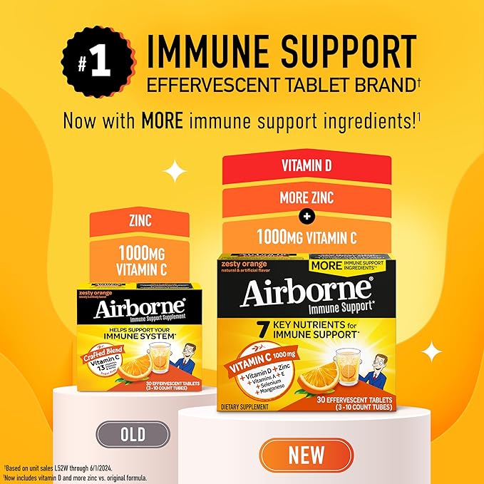 Airborne 1000mg Vitamin C with Vitamin D & Zinc, Sugar Free Multivitamin Immune Support Supplement, Antioxidants Vitamins A C & Vitamin E, 30 Effervescent Tablets, Zesty Orange Flavor
