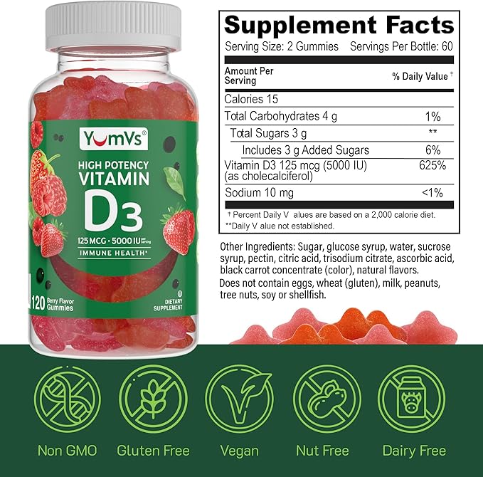 Vitamin D3 Gummies 5000 IU 125mcg D3 Gummies - Support Immune Support, Strong Bone Health - Non-GMO, Gluten-Free, Dairy-Free, Vitamin D Gummy(120 Count)