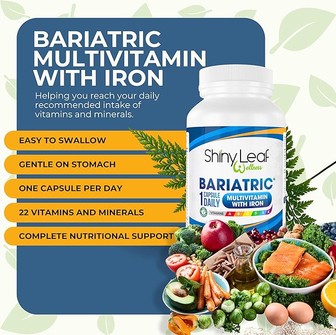 Shiny Leaf Bariatric Multivitamin with Iron - 45 mg for Gastric Bypass, Sleeve Gastrectomy, Roux-en-Y, Duodenal Switch - 22 Vitamins & Minerals, ASMBS Compliant, Vegetarian, Made in USA, GMP, 30 Ct.