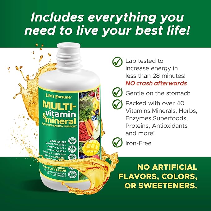 Life's Fortune Liquid Multivitamin for Adults Men & Women, Teens – High Absorption Daily Vitamins – Trace Minerals, Amino Acids with Biotin, L-Arginine, Potassium – Tropical Flavor, Sugar Free, 32 oz