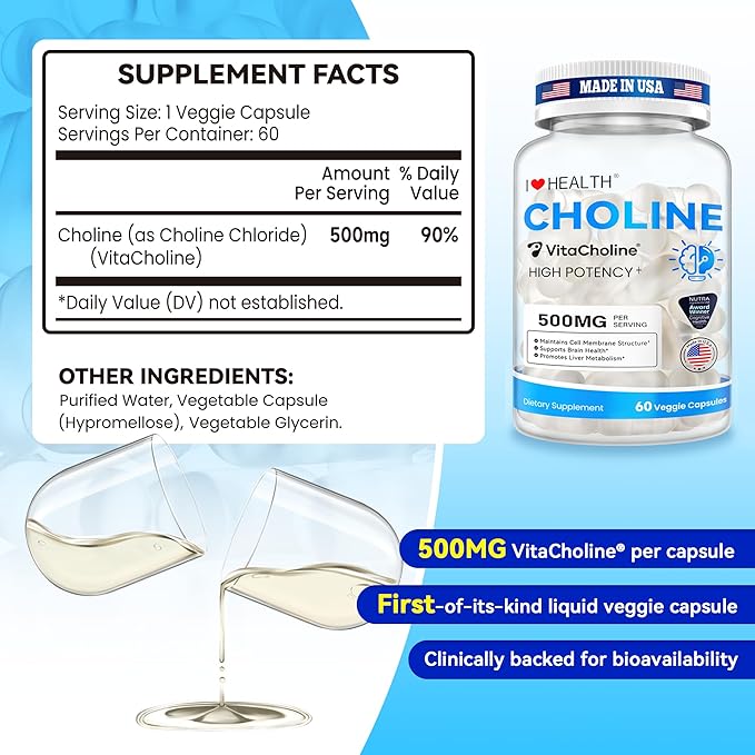 Award Winner -Clinically Dosed 500mg VitaCholine ® - 60 Caps - Liquid Choline Supplement –Support Pregnancy & Baby Brain & Liver Health LDL & HDL Level - Cognitive Health - Made in USA