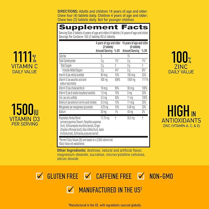 Airborne 1000mg Vitamin C with D and Zinc, Multivitamin Immune Support Supplement with Antioxidants A, C, and E, 200 Chewable Tablets, Citrus Flavor