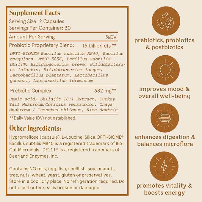 Feel Good SBO Probiotics — Soil Based Organisms (SBOs), Prebiotics, Postbiotics, Humic Acid, Shilajit, Chaga & Turkey Tail Mushroom for Digestion — Solluna by Kimberly Snyder (60CT) Vegan & Non-GMO