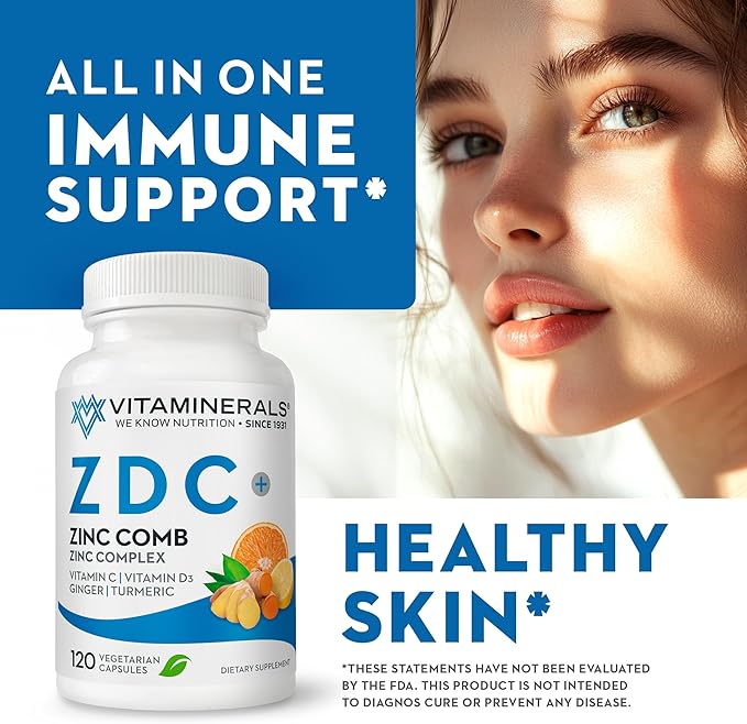 Vitaminerals® Z D C, Zinc Complex 50mg | Vitamin D3 250mcg | Vitamin C 500mg | Ginger | Lysine | Turmeric | Vegetarian Capsules| 120 Servings
