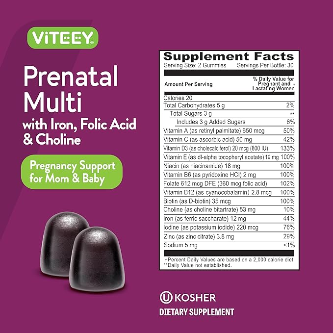 Viteey Prenatal Gummies for Women - Prenatal with Iron for Pregnancy with Choline & Folic Acid Gummies - Vegetarian, Gluten Free - 60 Count