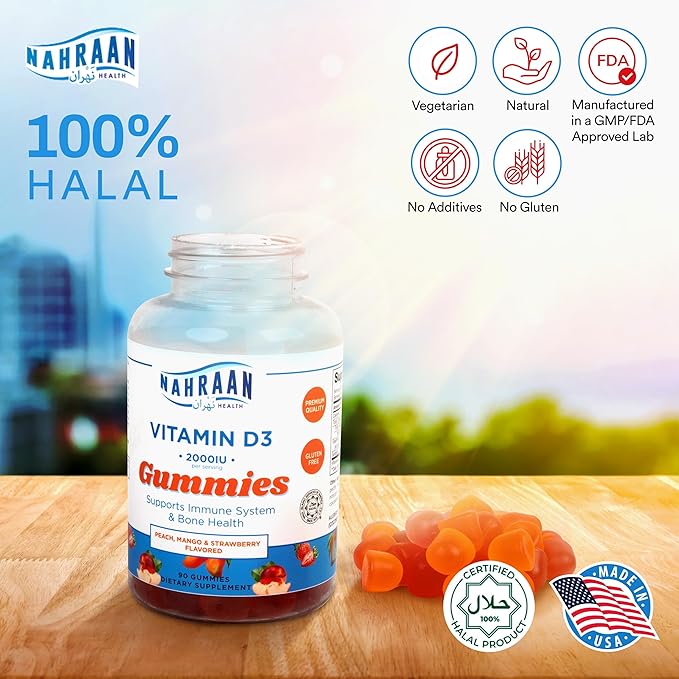 Halal Vitamin D3 2000 IU Gummies – Supports Immune, Bone & Muscle Health, Gelatin-Free, Vegetarian, Natural Fruit Flavor – 90 Count