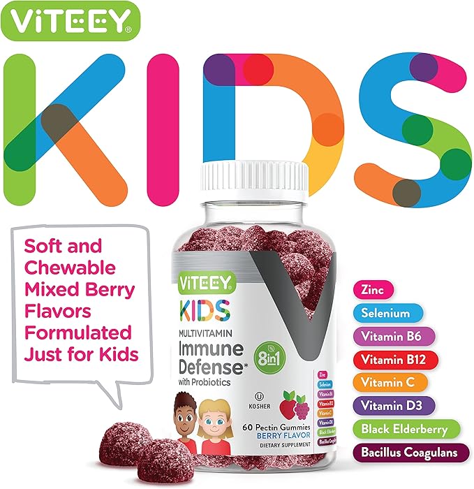 Viteey Kids Multivitamin Gummies with Probiotics - 8-1 Kids Vitamins for Immune Health Support with Vitamin C, D3, B12, B6, Zinc, Elderberry, Selenium - Vegetarian - Chewable Tasty Berry Flavored