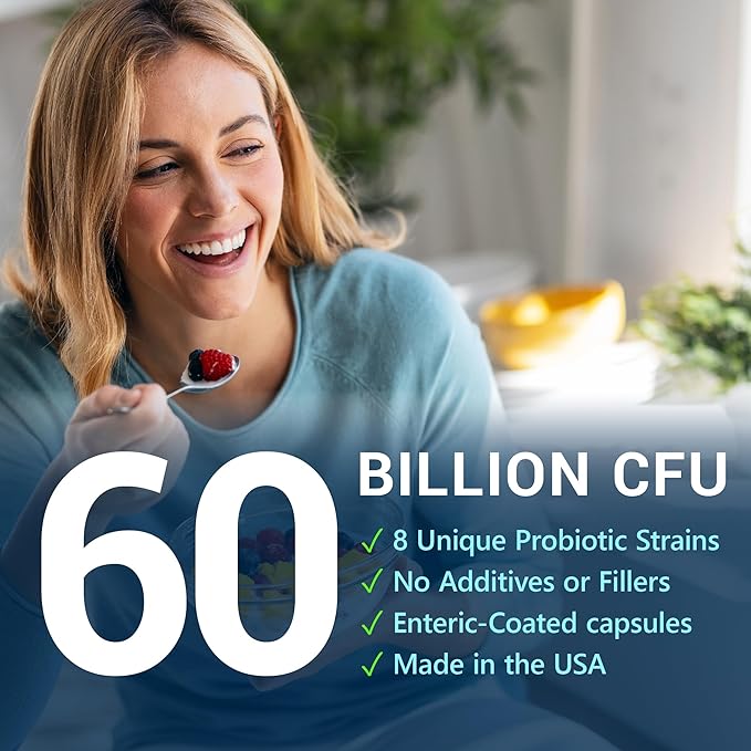 60 Billion CFU Probiotic - Unique Tri-Blend w/ 8 Probiotic Strains, Prebiotics & Postbiotics - for Digestive & Immune Support - Delayed Release - Shelf Stable - Non-GMO, Gluten Free - 30 Ct