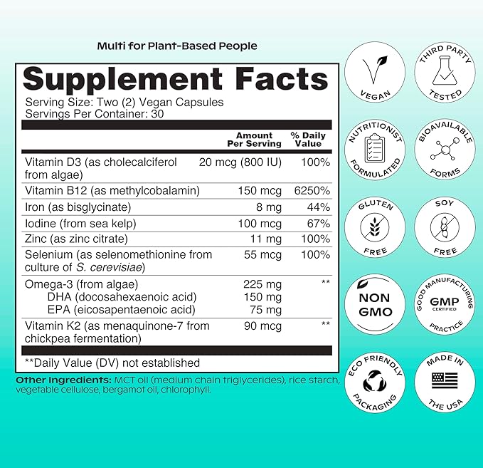 Wholier Plant Based Multivitamin Vegan Omega-3 DHA EPA, Vitamin D, Vitamin B12, Zinc, Vitamin K2, Iron, Iodine, Selenium. 60 Count (30-Day Supply) Glass Bottle