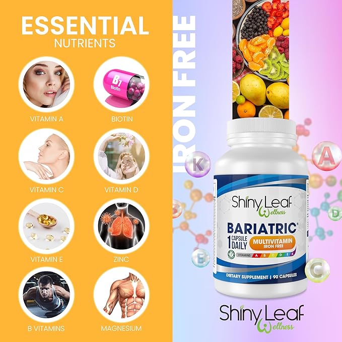 Shiny Leaf Bariatric Multivitamin Without Iron - Vitamins for Gastric Bypass & Sleeve, 1 Daily Capsule W Vitamin A, C, D, Biotin, Zinc, B12, K, Vegetarian, Soy-Free, GMP Cert., Made in USA (360 Ct.)