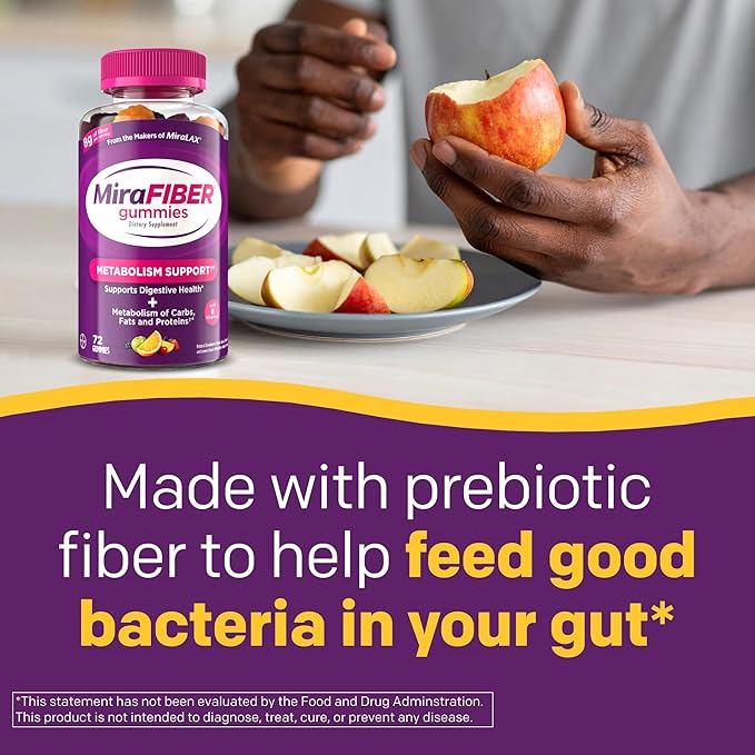 MiraFIBER Gummies from the Makers of MiraLAX, 8g of Daily Fiber Per Serving, Metabolism Support with B Vitamins, Gut Health for Men & Women, Prebiotic Fiber Gummies for Adults, Mixed Fruit Flavor 72Ct
