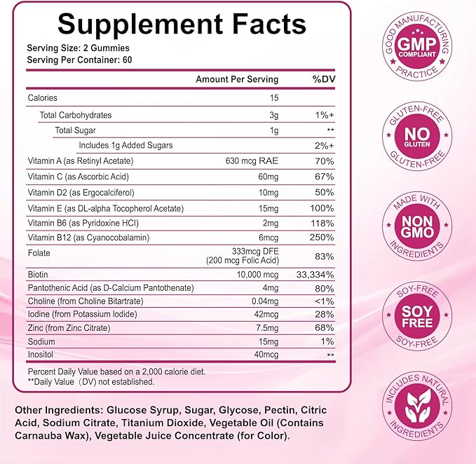 Hair Skin and Nails Gummies, Biotin (10,000mcg) Hair Skin and Nails Vitamins Supplement for Women, Men Supports Faster Hair Growth, Stronger Nails, Healthy Skin, 240 Count