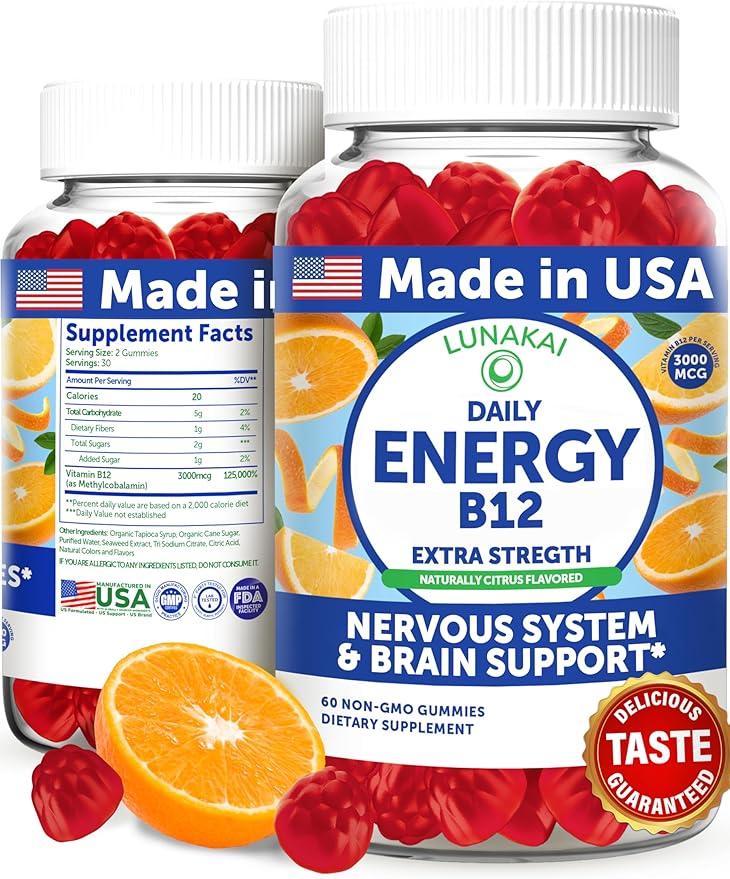 Lunakai Energy Gummies – USA Made Natural Energy Supplements – Vegan Vitamin B12 Gummies for Women & Men – Delicious Methyl B12 3000 mcg, 60ct