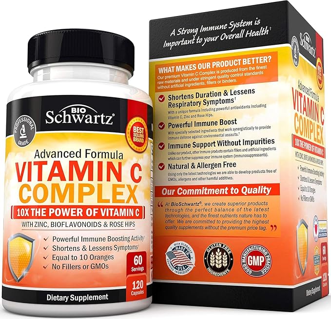 BioSchwartz Vitamin C Complex Supplement - Vitamin C 1000mg Capsules with Rose HIPS Zinc and Citrus Bioflavonoids for Immune Health, Cellular Energy, Collagen Production, 120 Count (60 Day Supply)