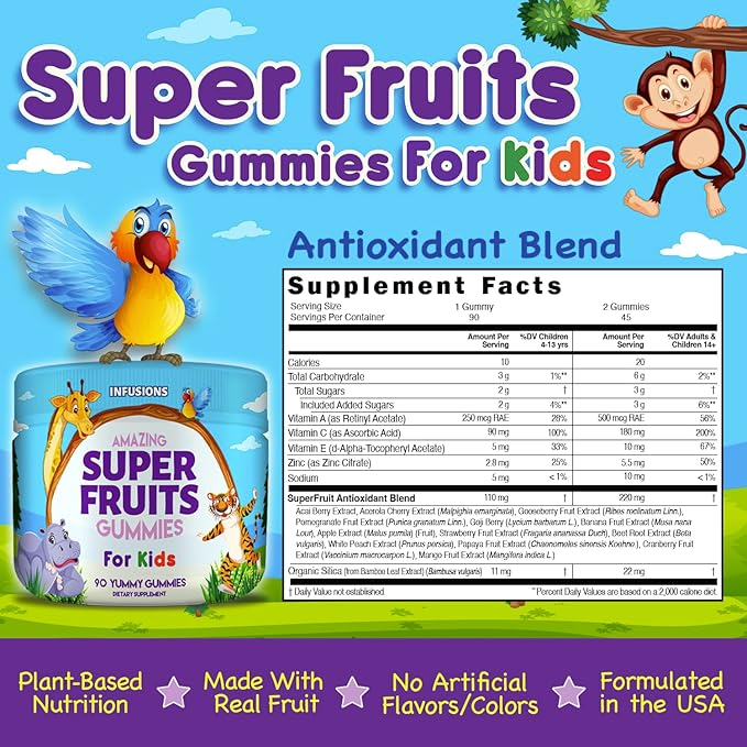 Infusions Super Fruit Gummies 180 Count w/Vitamin A,C,E + Zinc – Organic Silica, Antioxidant Blend – Vegan Friendly - Gluten Free - Non-GMO - 2 Pack