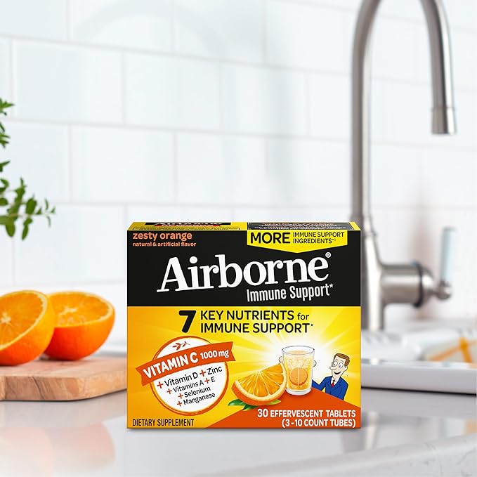 Airborne 1000mg Vitamin C with Vitamin D & Zinc, Sugar Free Multivitamin Immune Support Supplement, Antioxidants Vitamins A C & Vitamin E, 30 Effervescent Tablets, Zesty Orange Flavor