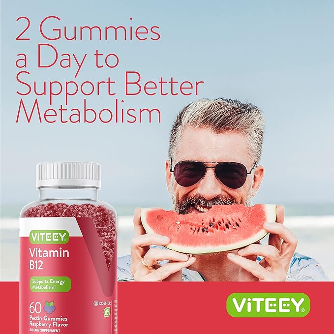 Viteey Vitamin B12 Gummies for Adults & Teens 1000mcg - Good for Energy, Metabolism, Natural Energy, Immune System Support - Vegan, Gelatin Free, Gluten Free - Tasty Chewable Raspberry Flavored Gummy