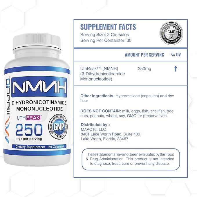 MAAC10 NMNH (NMN Supplement Alternative) 250mg Serving | Uthpeak™ NMNH (Dihydronicotinamide Mononucleotide) for Better Stability | 30-Day Supply.