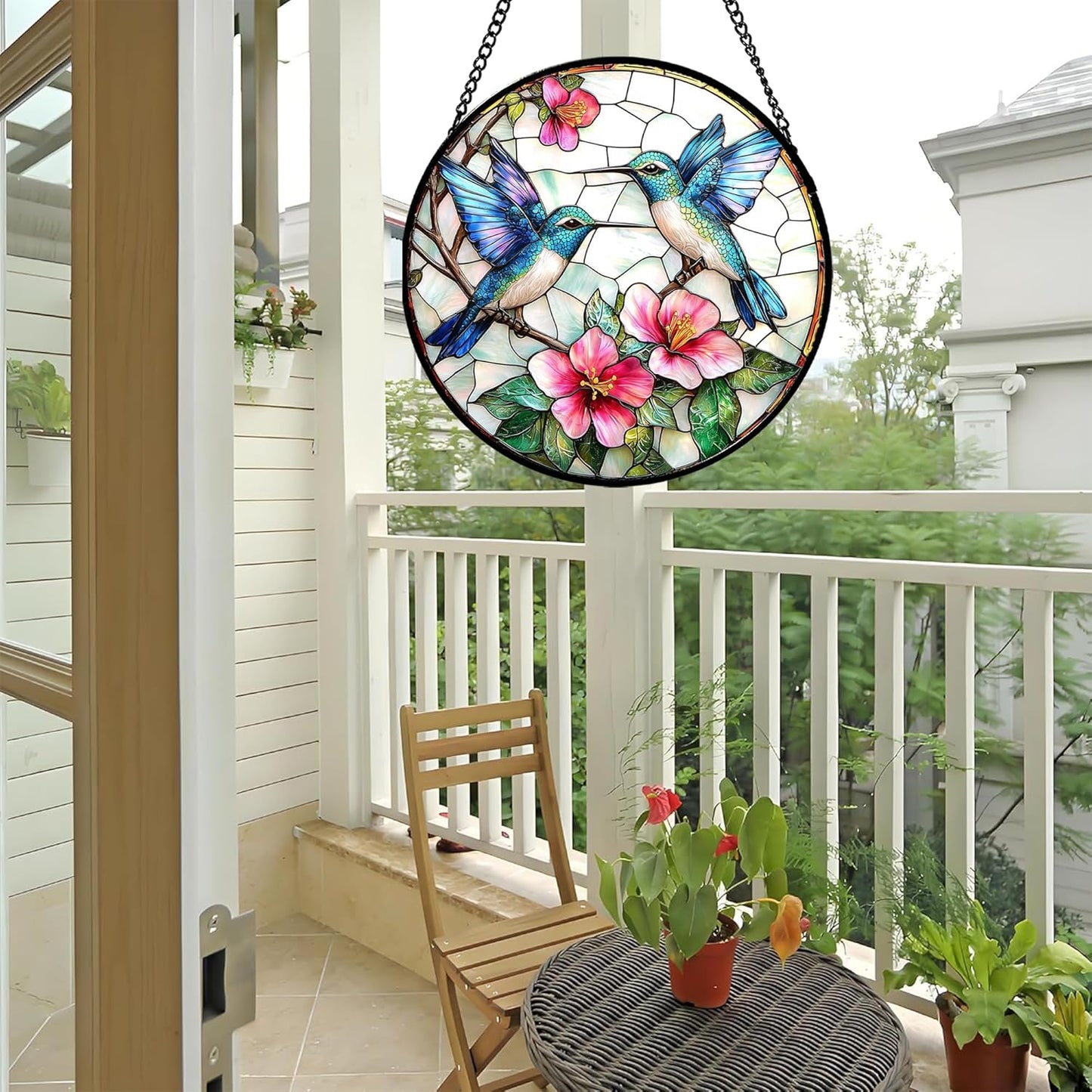 Stained Glass Window Hanging - Blue White Hummingbirds Pink Flowers Suncatcher for Door Terrace Garden Home Decor Bird Sun Catcher Birthday Gifts for Lovers Women Men Dad Mom Nana 15 in