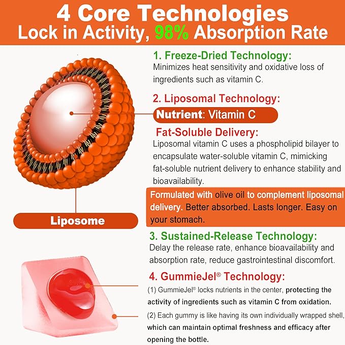 Liposomal Vitamin C 1000mg Filled Gummies for Adults & Kids 9+, 1660mg Blend w/Echinacea, Elderberry, D3, Zinc, Iron, Bioflavonoid, Astaxanthin, Natural Organic Chewable Vitamin C, Sugar Free, 2Pack