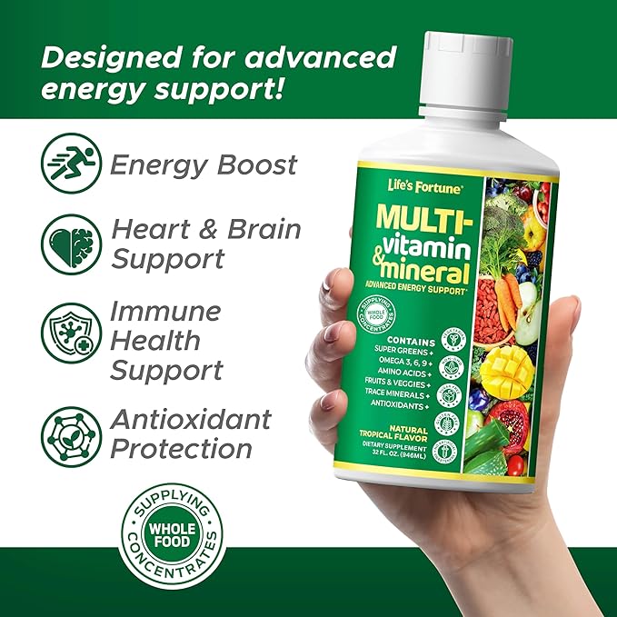 Life's Fortune Liquid Multivitamin for Adults Men & Women, Teens – High Absorption Daily Vitamins – Trace Minerals, Amino Acids with Biotin, L-Arginine, Potassium – Tropical Flavor, Sugar Free, 32 oz
