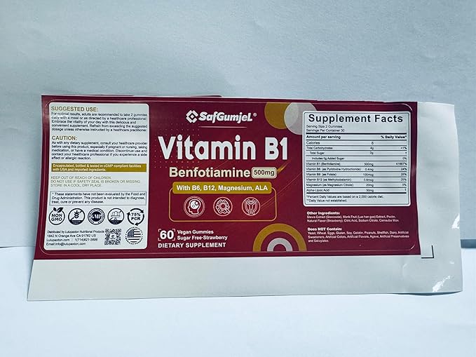 Vitamin B1 Gummies - Benfotiamine 500mg, Vitamin B1 B6 B12 Complex, Sugar Free, Non GMO, Vegan, 120 Counts