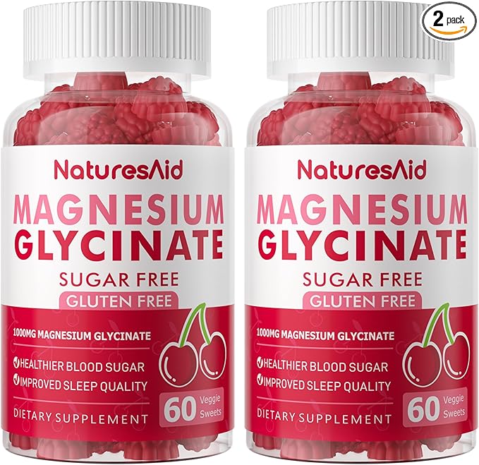 Magnesium Glycinate Gummies 1000mg - Sugar Free Magnesium Potassium Supplement with Vitamin D, B6, CoQ10 for Calm Mood & Sleep Support - 120 Cherry Gummies -2 Pack