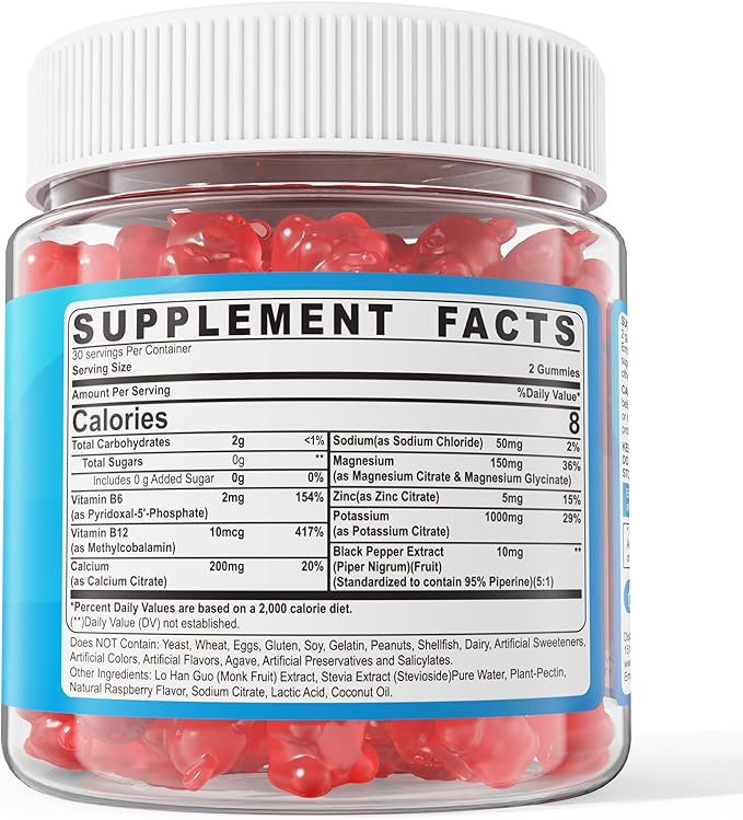 Potassium Citrate 1000mg Gummies, Potassium Magnesium Supplement + Calcium, Zinc, Sodium, Vitamin B6, B12, Support Leg Cramps, Electrolyte Balance, Body Performance, Energy Boost, Sugar Free, 120 Cts