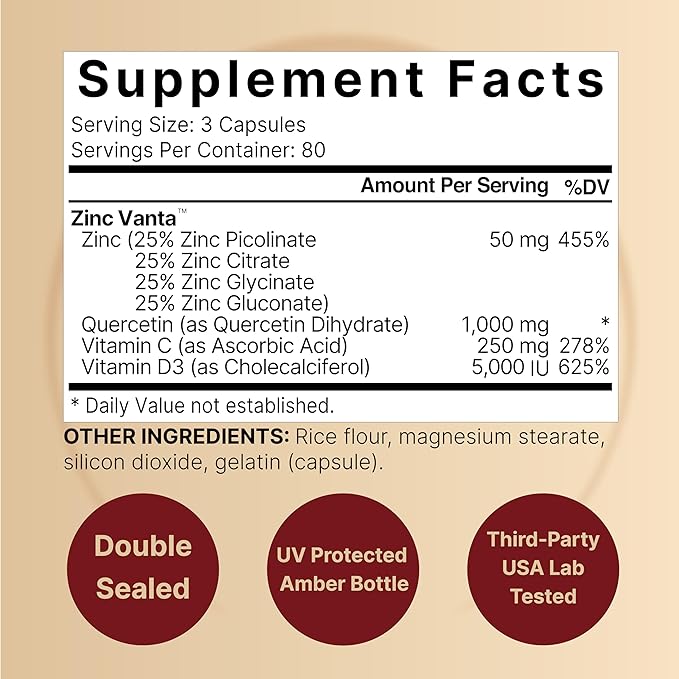 NatureBell Zinc Quercetin with Vitamin C & D3, 480 Capsules (2 Pack) | Quercetin 1,000mg + Zinc 50mg + Vitamin C 250mg + Vitamin D3 5,000 IU | 4-in-1 Advanced Immune & Lung Support | ZincVanta Formula