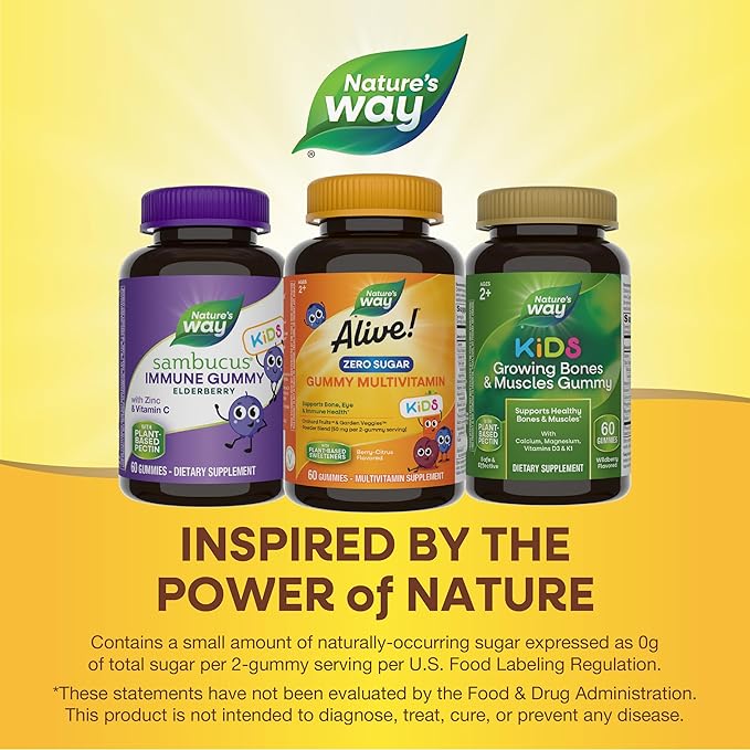 Nature's Way Alive! Kids Zero Sugar Gummy Multivitamins, for Kids Ages 2+, Supports Bone, Eye & Immune Health*, No Sugar Alcohols, Plant-Based Sweeteners, Berry-Citrus Flavored, 60 Gummies