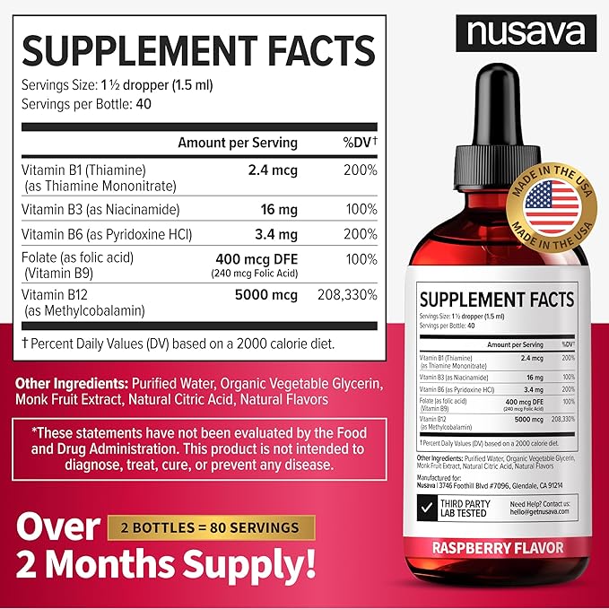 (4 Pack) Vitamin B12 and B6 Liquid Drops, B12 Sublingual Vitamin B Complex - B 12 Vitamin 5000mcg - B12 Methylcobalamin for Energy, Brain, and Heart Support with 27,200 mcg, Raspberry, 80 Servings