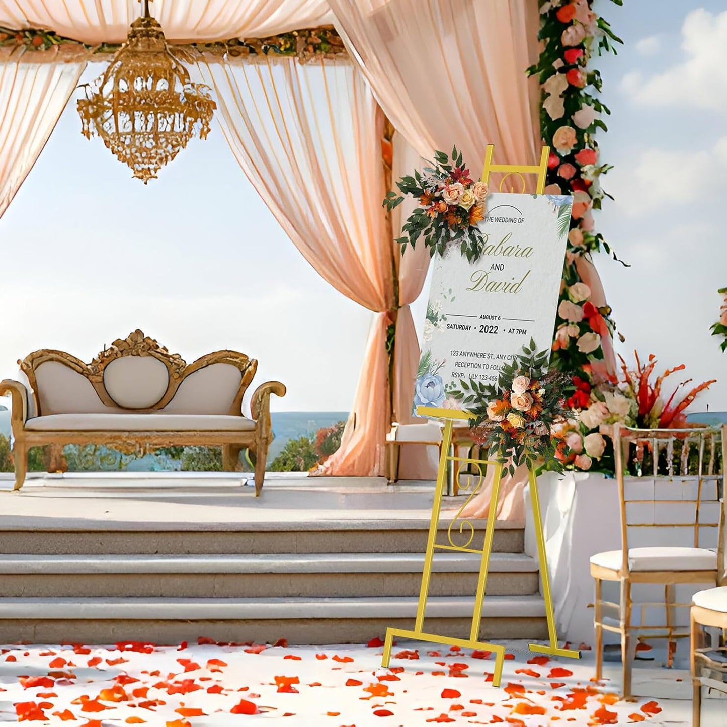 Skcoipsra 2 Pack Gold Easel Stand, 3 Tier Adjustable Larger Wedding Welcome Sign Holder, Art Poster Display Stand Free Standing with Chain, 17x17x58 Inch