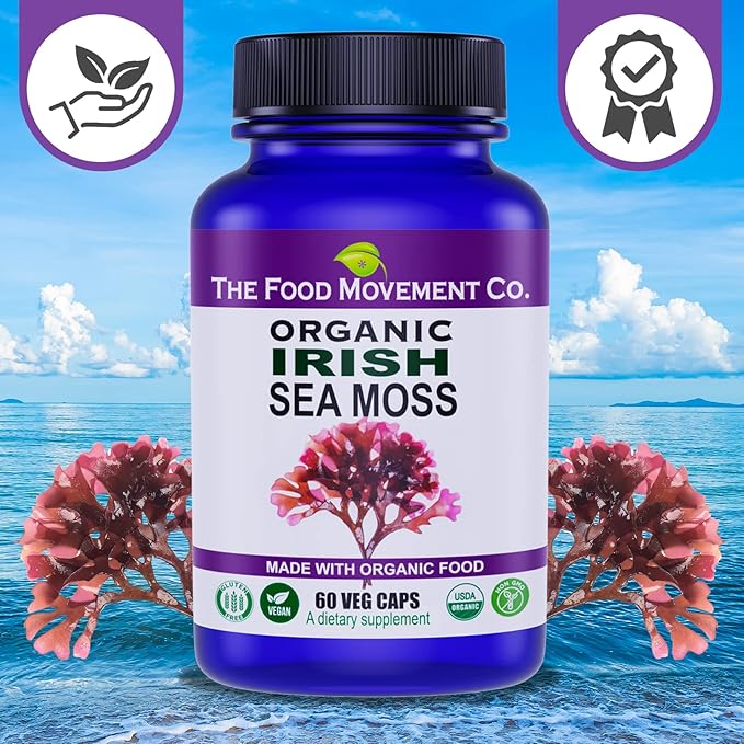Irish Sea Moss, Organic Prebiotic Food, Over 70 Trace Minerals, Supports Healthy Elimination, Digestion and Immune Support 120 Vegan Capsules