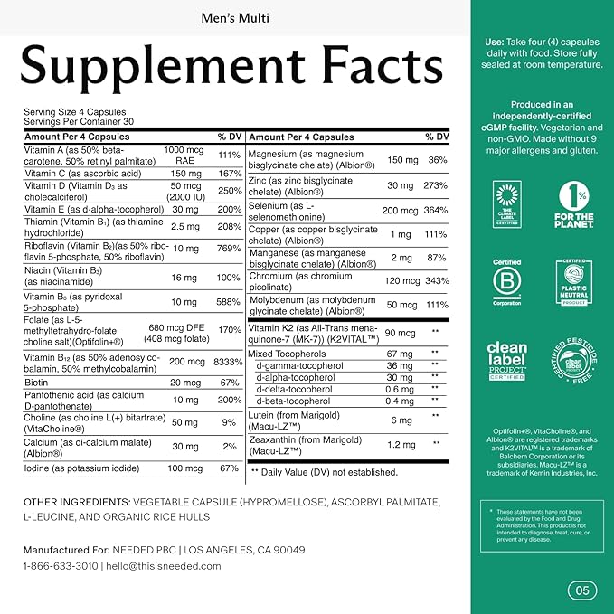 Needed. Multivitamin for Men - 25 Optimal Nutrients for Fertility & Men's Health - Mens Multivitamin with Vitamin D3 2000IU, B12 Vitamins, 200 MCG Selenium - Men's Fertility Supplement, 30 Day Supply