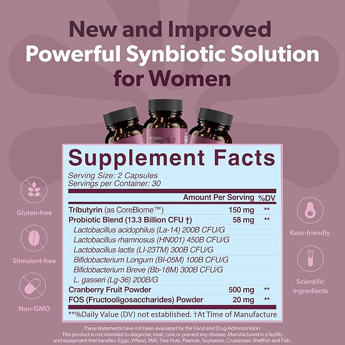 BIOMA Feminine Health Synbiotic - Women's Health Supplement for Healthy Vaginal pH, Urinary Tract & Digestive Support - with Probiotics, Cranberry & Tributyrin - 60 Capsules (30-Day Supply)