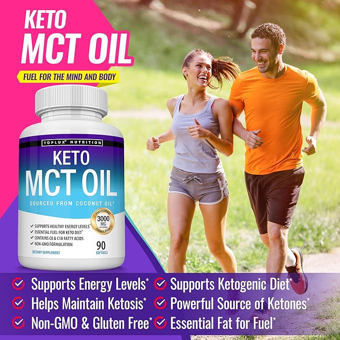 Toplux Keto MCT Oil Capsules - 3000mg Natural Pure Coconut Oil Extract Pills, Source of Energy, Easy to Digest for Men Women, 90 Softgels, Supplement