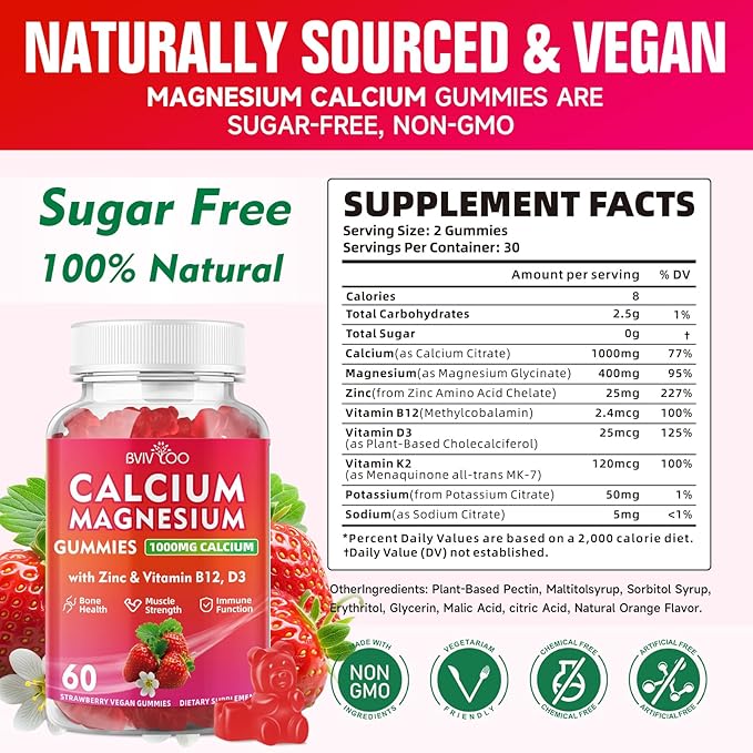 Calcium Gummies 1000mg with Vitamin D3 K2 & B Complex, Potassium, Calcium Magnesium Zinc Gummies for Bone, Muscle, Mood and Immunity - Vegan, Non-GMO, Strawberry Flavor 60 Count