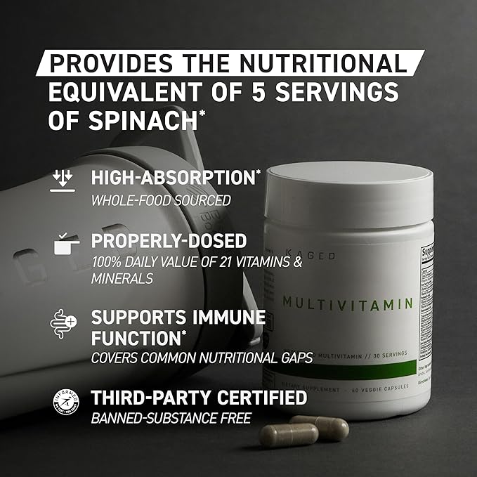 Kaged Multivitamin Capsules | Unflavored | Whole Foods Organic Fruits & Veggies | Plant Based Vegan Multivitamin | Vitamin C, D, E, B12 | Supplements for Men & Women | 30 Servings