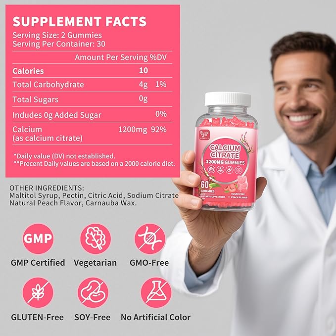 (2 Pack) Calcium Citrate 1200 mg Gummies for Women & Men,Calcium Supplements for Women,High Absorption for Bone Muscle Healthy - Easy to Digest, Sugar Free,Vegan,Peach Flavor,60 Day Supply