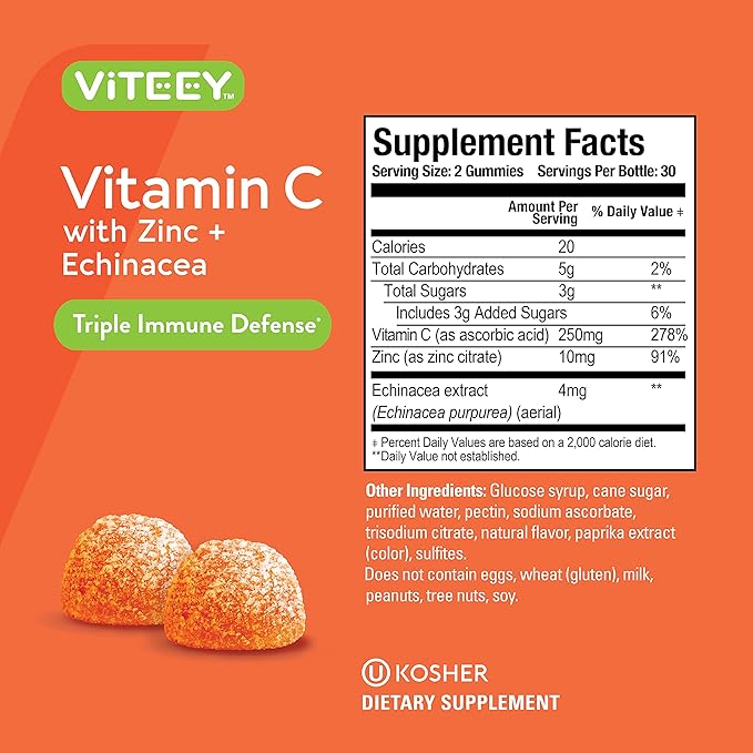 VITEEY Vitamin C Gummies for Adults & Teens with Zinc & Echinacea - Immune Support Gummies - Immune Booster - Vegan, Gelatin Free, Gluten Free, GMO Free - Tasty Vitamin C Chewable Orange Flavored