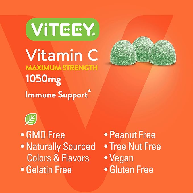 Viteey Vitamin C Gummies for Adults & Teens, 1050mg Maximum Strength - Immune Support Gummies - Immune Booster - Vegan, Gelatin Free-Tasty Vitamin C Chewable Sour Apple Flavored Gummy-90 Count