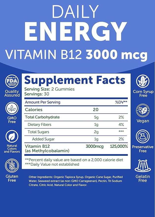 Lunakai Energy Gummies – USA Made Natural Energy Supplements – Vegan Vitamin B12 Gummies for Women & Men – Delicious Methyl B12 3000 mcg, 60ct
