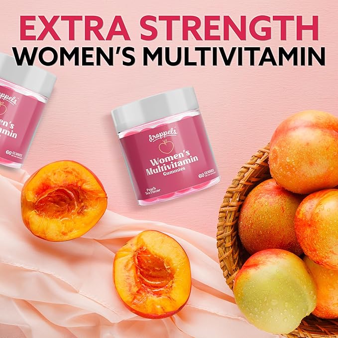 Droppels Women's Multivitamin Gummies with Folic Acid, Vitamins A, D, C, E, K, B6, B12, Biotin & More | Vegan, Non-GMO & Pectin-Based Daily Vitamins for Women | Peach Tea Flavor, 60 Count