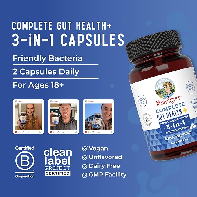 MaryRuth's Complete Gut Health+ Capsules | 5 Probiotic Blend | Butyrate | Corebiome® | Vegan Gut Support | Support Gastrointestinal Health & Microbiome | 2 Capsules Daily | 30 Servings