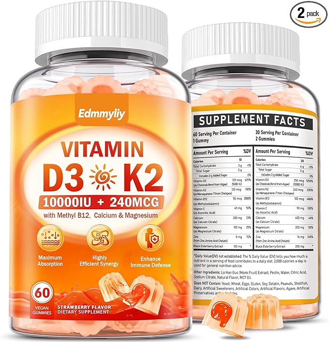 Vitamin D3 Supplement 10000IU for Adult - Vitamin D3 5000IU / 10000IU Gummies with K2, Methyl B12, Calcium, Magnesium, Zinc and Elderberry for Women & Men - Sugar-Free, Vegan Vitamin D Gummies